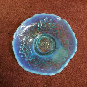Fenton Opalescent Blue Glass Bowl Water Lily Cattails Ruffled Vintage 5 1/4"